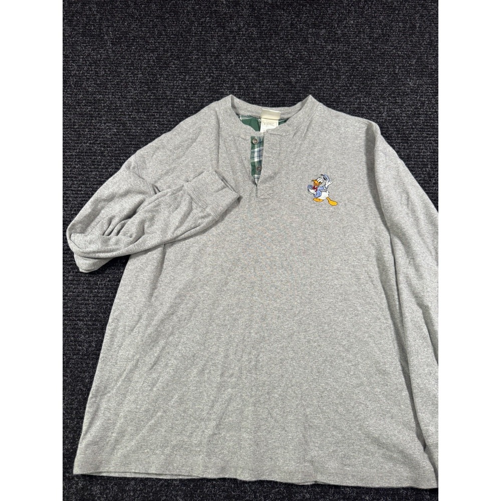 Disney Direct Donald Duck Henley Shirt Mens L Gray Plaid Embroidered Y2K 57275